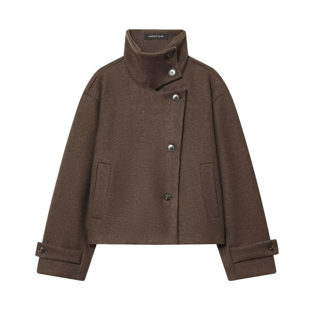 Women's Short Boxy Wool Coat with Asymmetrical Button Placket and Stand-up Collar Fashion Glam