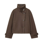 Women's Short Boxy Wool Coat with Asymmetrical Button Placket and Stand-up Collar Fashion Glam