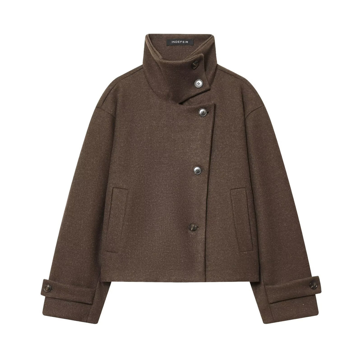 Women's Short Boxy Wool Coat with Asymmetrical Button Placket and Stand-up Collar Fashion Glam