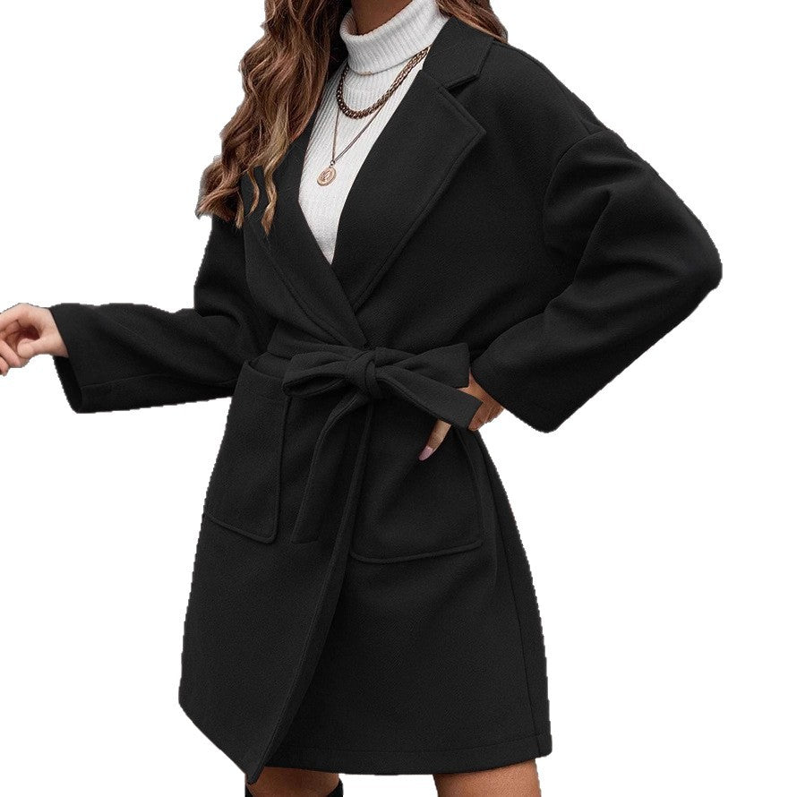 Ladies wrap coat with tie belt, large flap pocket and lapel collar Fashion Glam