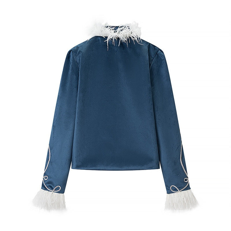 Women's Military Inspired Velvet Jacket with Decorative Cords, Feather Trim and Decorative Buttons Fashion Glam