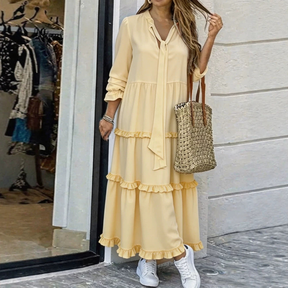 Women's Long Tiered Ruffle Maxi Dress with Tied Scarf and V-Neck Fashion Glam