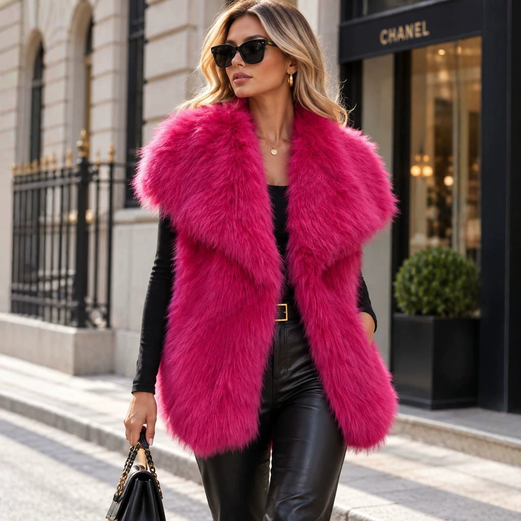 Women Sleeveless High-Pile Faux Fur Vest with Voluminous Shawl Collar and Slip Pockets Fashion Glam