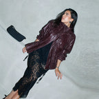 Women Short Oversize Faux Leather Utility Jacket with Stand-up Collar, Flap Pockets and Concealed Placket Fashion Glam