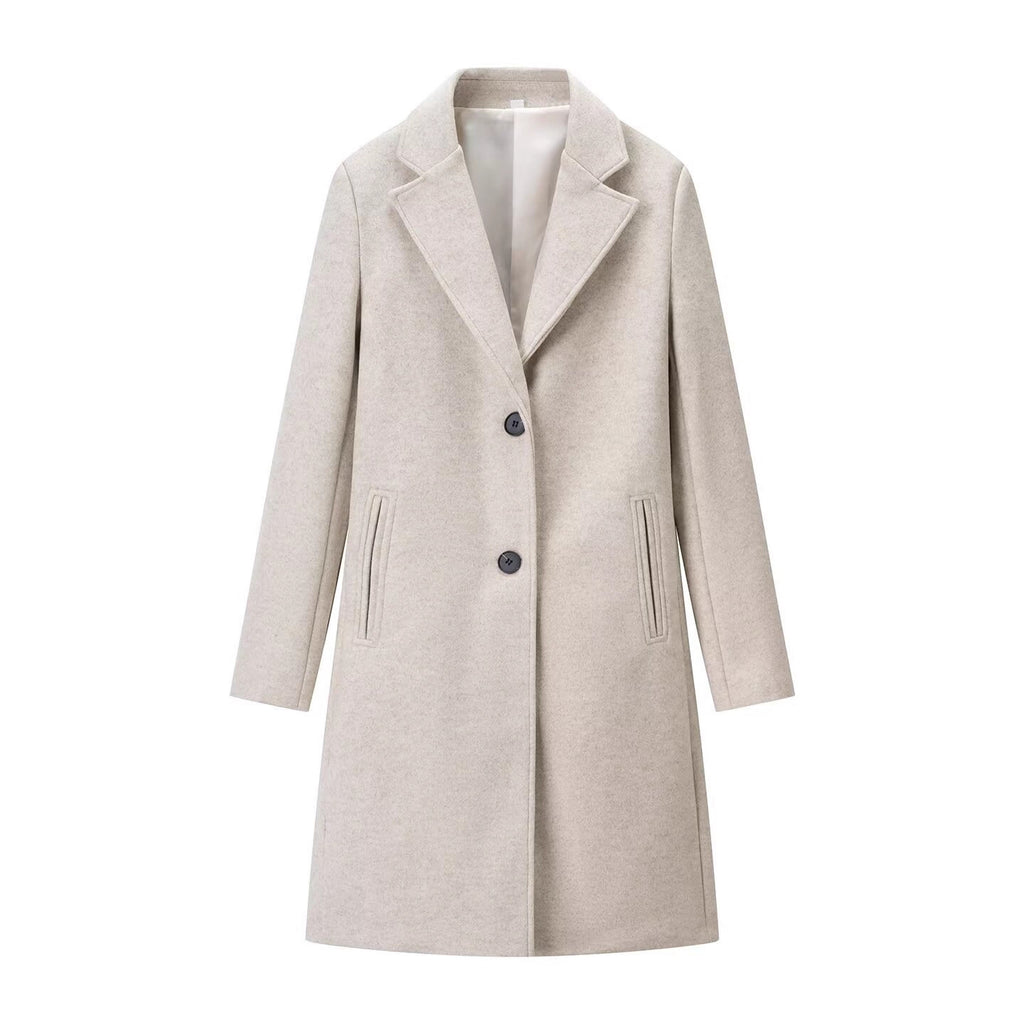 Women's Longline Single-Breasted Wool Blend Coat with Notched Collar and Welt Pockets Fashion Glam