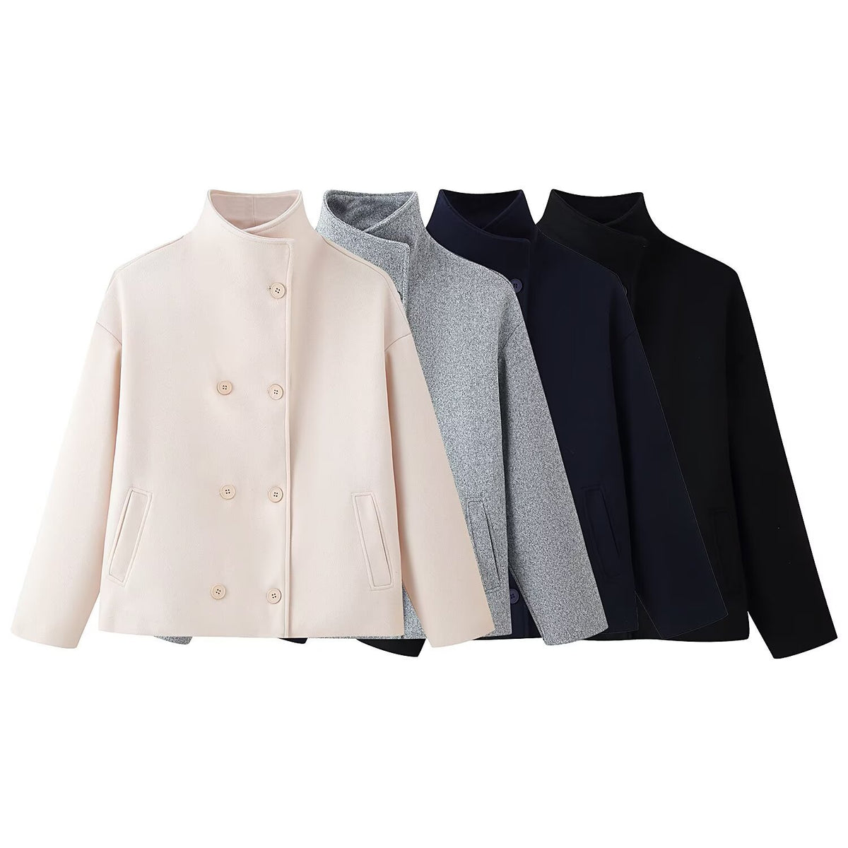 Women's Boxy Double-Breasted Short Coat made of Wool Blend with Stand-Up Collar Fashion Glam