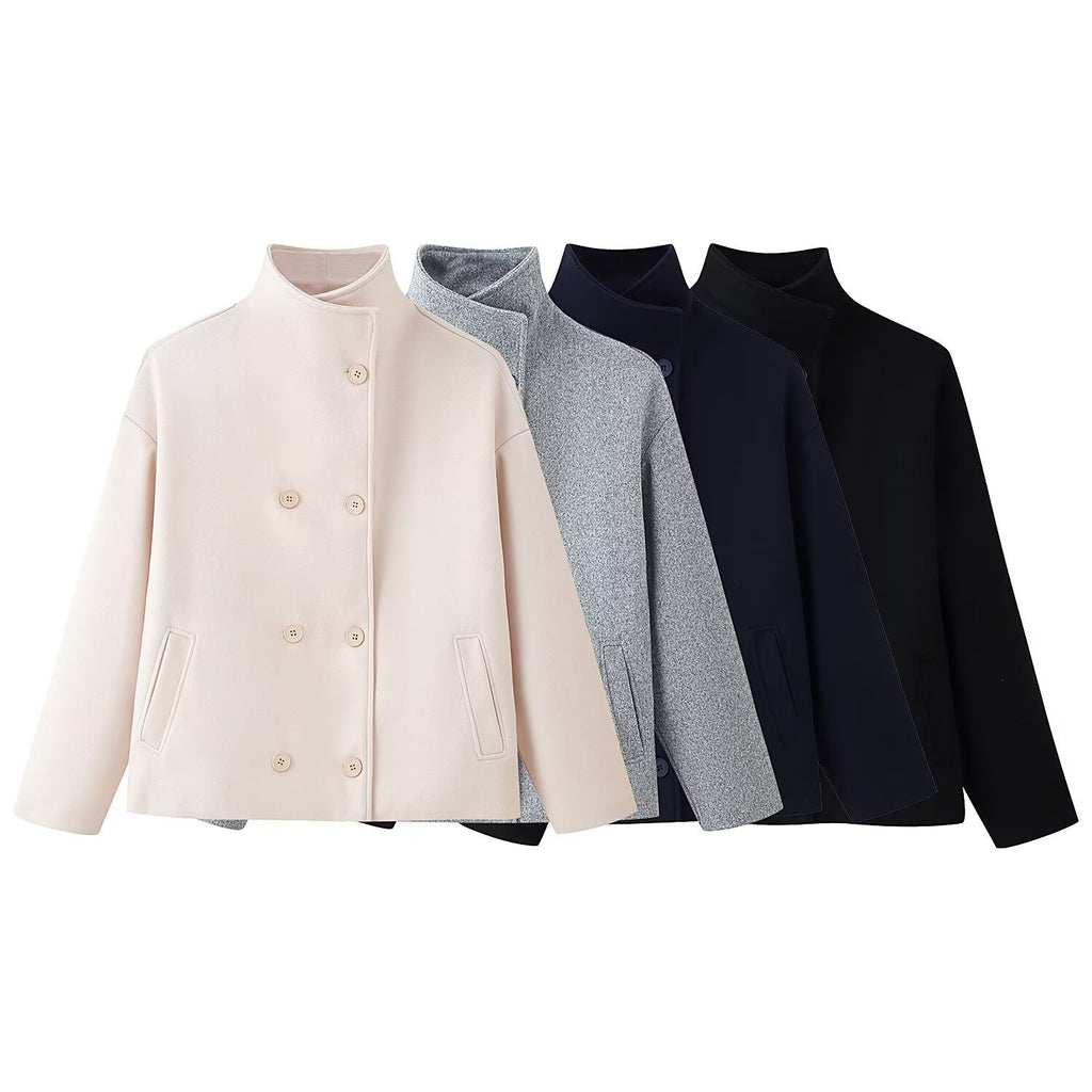 Women's Boxy Wool Jacket in Cocoon Cut with Stand-up Collar and Double-breasted Button Placket Fashion Glam
