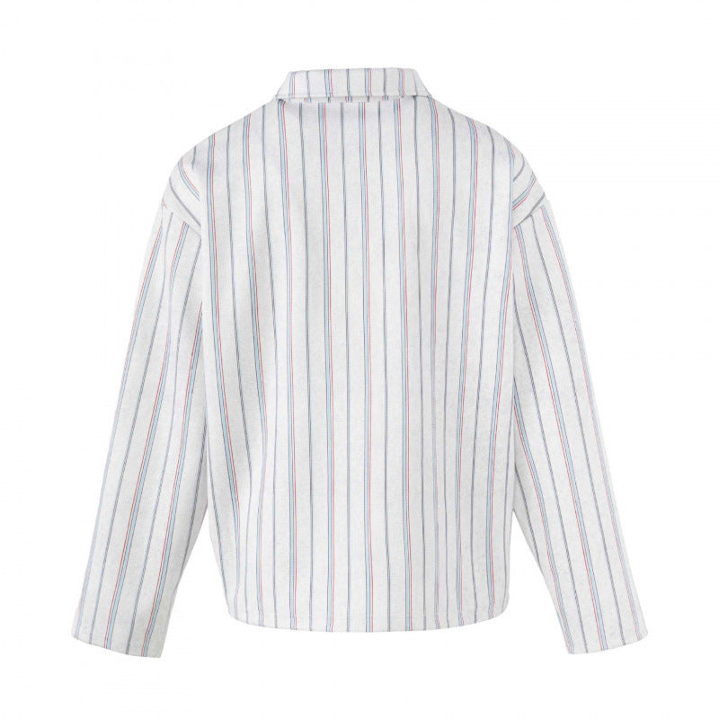 Unisex Striped Overshirt with Henley Button Placket and Decorative Pin Details Fashion Glam