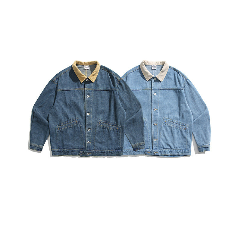 Unisex Boxy Jeans Jacket with Cord Collar, Snap Button Placket and Side Pockets Fashion Glam