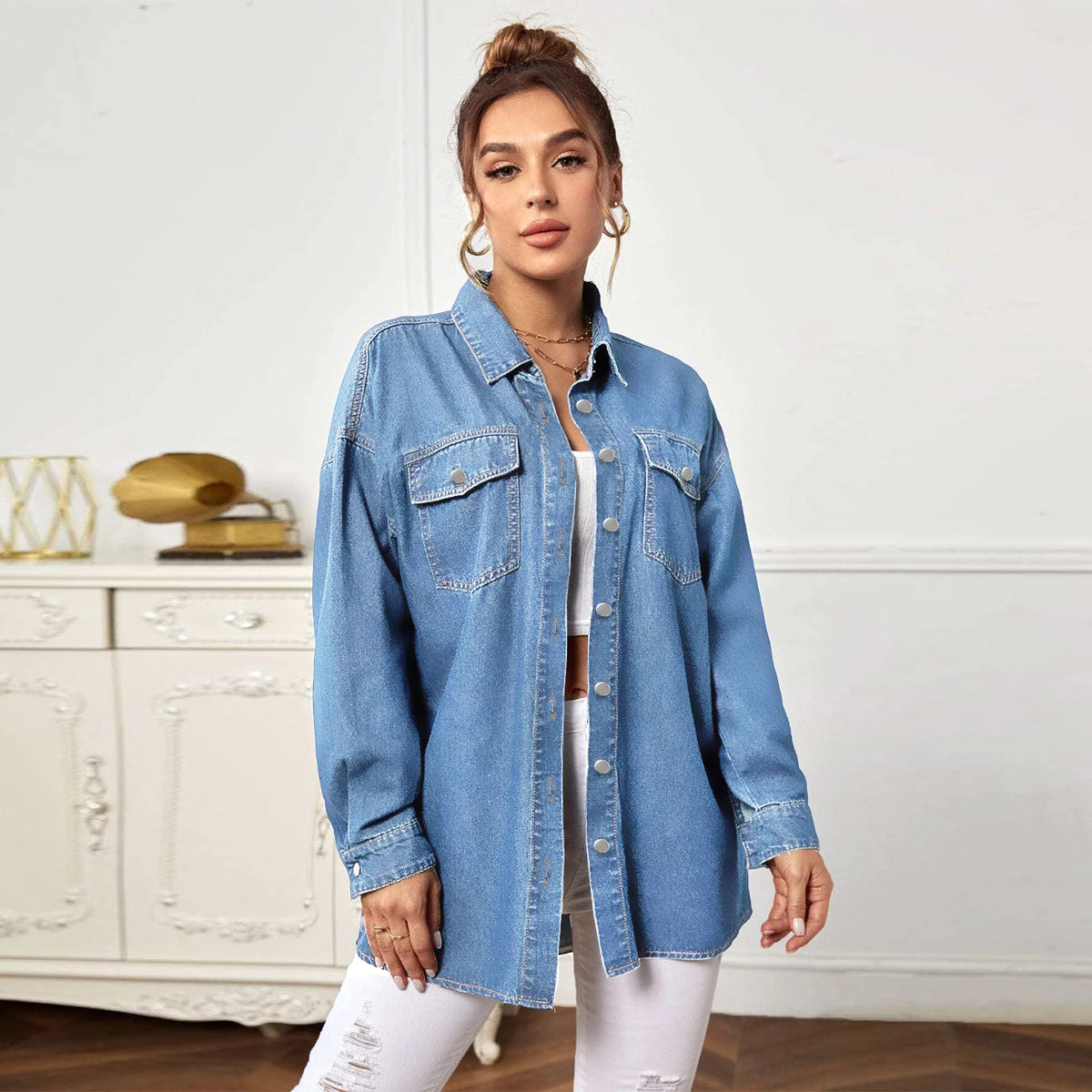 Women's Oversized Denim Jacket with Flap Pockets Fashion Glam