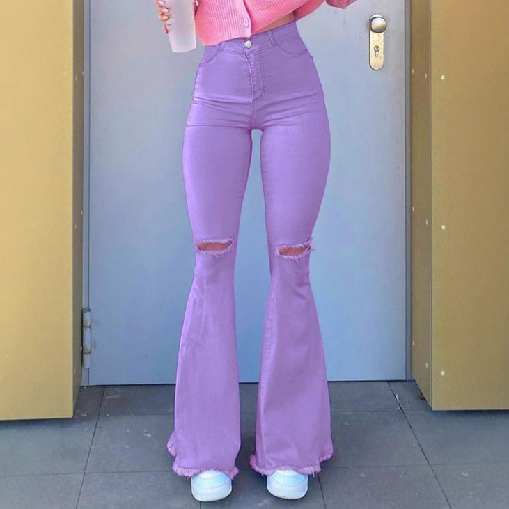 Women High-Rise Stretch Flared Jeans with Knee Rips, Flared Leg and Raw Hem Fashion Glam