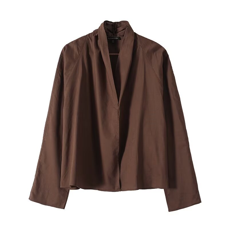 Women's Lightweight Viscose Blouse with Open Shawl Collar and Boxy Silhouette Fashion Glam