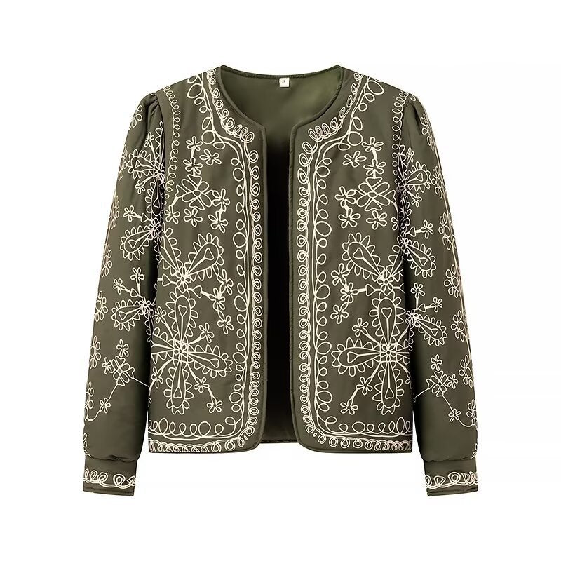 Women Embroidered Quilted Transition Jacket without Collar Fashion Glam