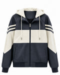 Men's Sporty Hooded Bomber with Faux Leather Look, Contrast Stripes and Zipper Fashion Glam