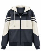 Men's Sporty Hooded Bomber with Faux Leather Look, Contrast Stripes and Zipper Fashion Glam