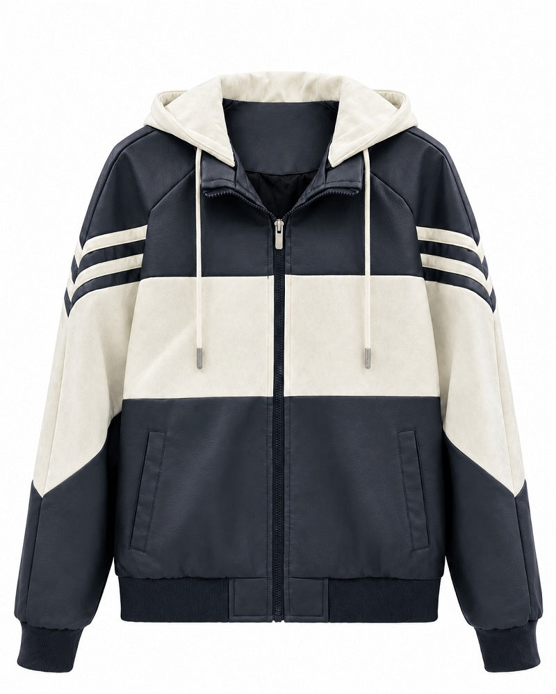 Men's Sporty Hooded Bomber with Faux Leather Look, Contrast Stripes and Zipper Fashion Glam