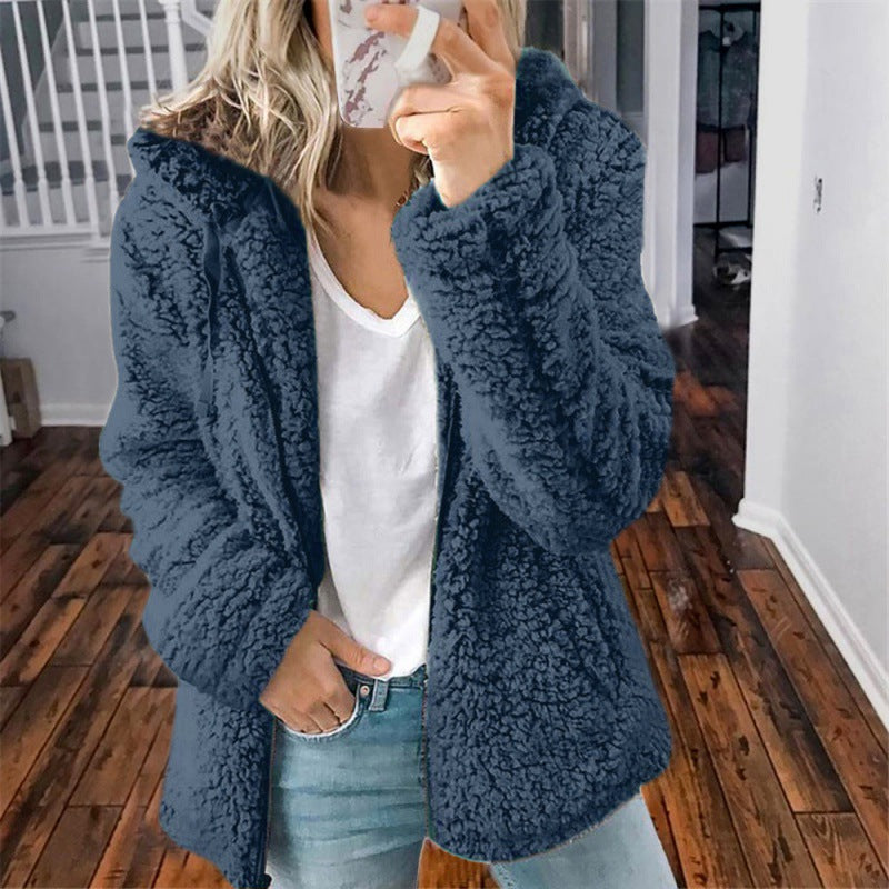 Women's fleece teddy jacket with hood, oversized cut and zipper Fashion Glam