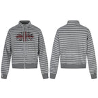 Unisex Striped Zip Hoodie with Troyer Collar, Chest Print, and Zipper Pockets Fashion Glam