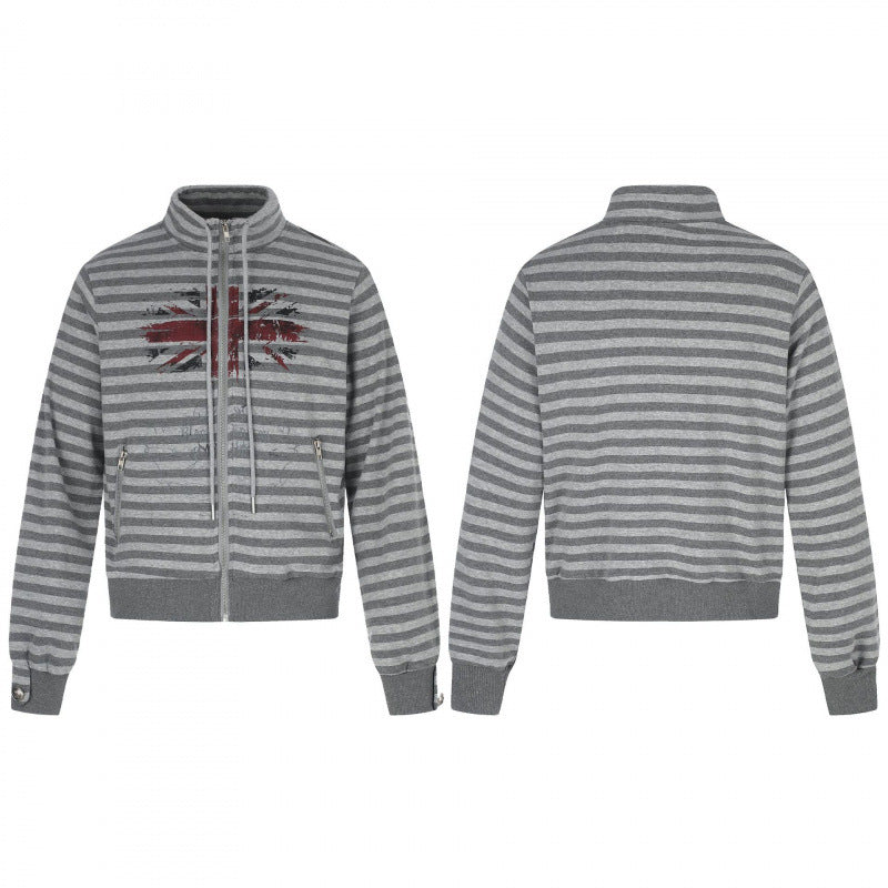 Unisex Striped Zip Hoodie with Troyer Collar, Chest Print, and Zipper Pockets Fashion Glam