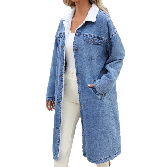 Ladies Longline Denim Coat with Teddy Collar Fashion Glam