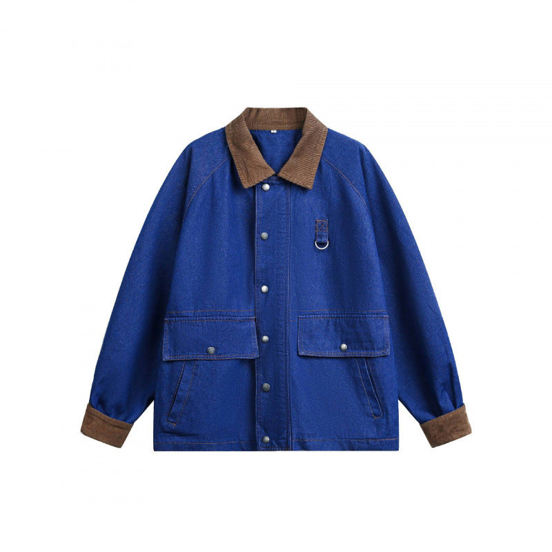 Unisex Kastige Denim-Worker Jacket with Cord Collar, Flap Pockets and D-Ring Fashion Glam