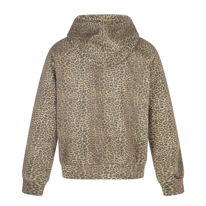 Unisex hooded jacket in all-over leopard with vintage effect, zipper and destroy embroidery Fashion Glam