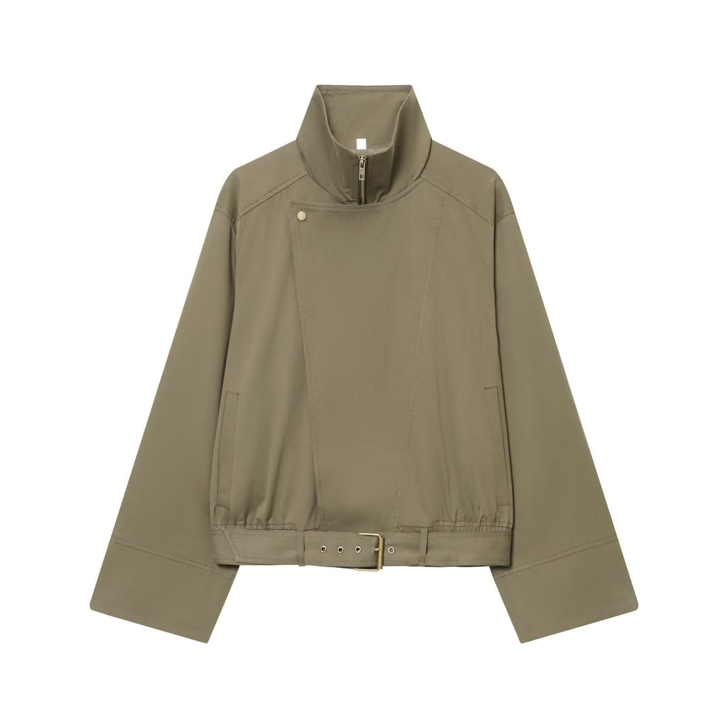Women's short jacket with high stand-up collar, concealed zipper, and waist belt Fashion Glam