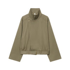 Women's short jacket with high stand-up collar, concealed zipper, and waist belt Fashion Glam