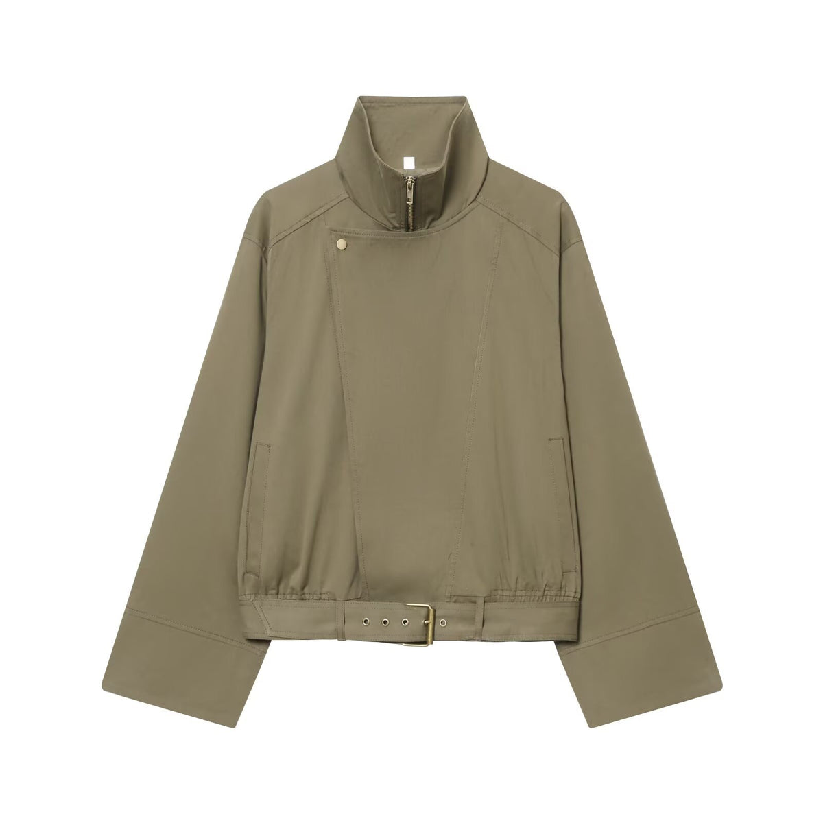 Women's short jacket with high stand-up collar, concealed zipper, and waist belt Fashion Glam