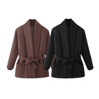 Women's Short Quilted Padded Jacket with Shawl Collar and Waist Belt Fashion Glam