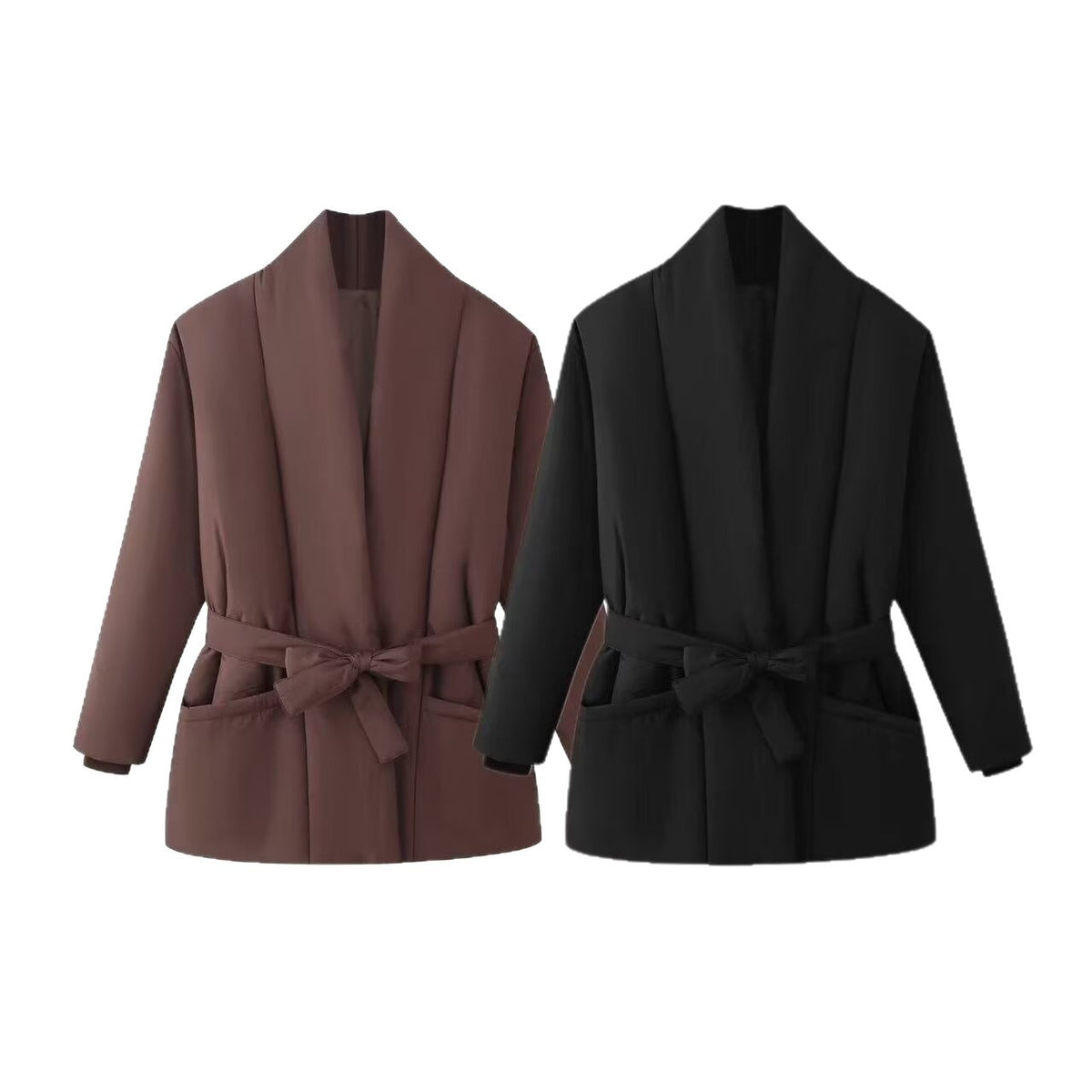 Women's Short Quilted Padded Jacket with Shawl Collar and Waist Belt Fashion Glam