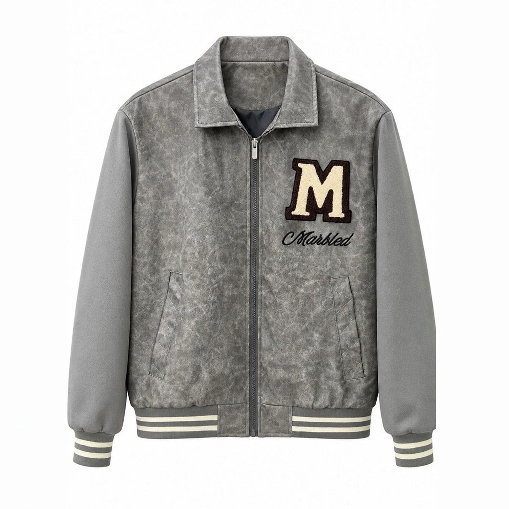 Men's Varsity Bomber Jacket in Vintage Leather Look with Chenille Emblem Fashion Glam