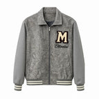 Men's Varsity Bomber Jacket in Vintage Leather Look with Chenille Emblem Fashion Glam