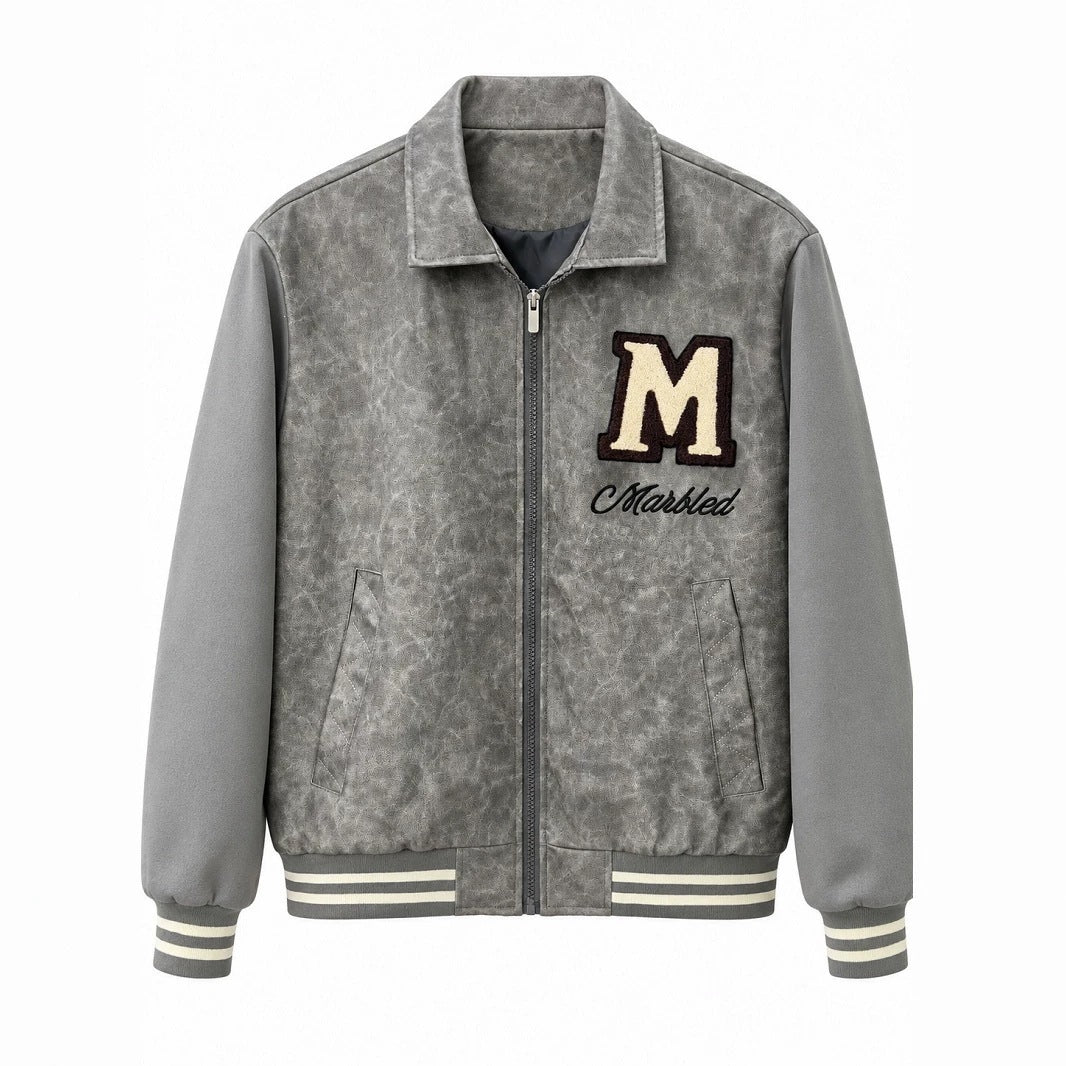Men's Varsity Bomber Jacket in Vintage Leather Look with Chenille Emblem Fashion Glam