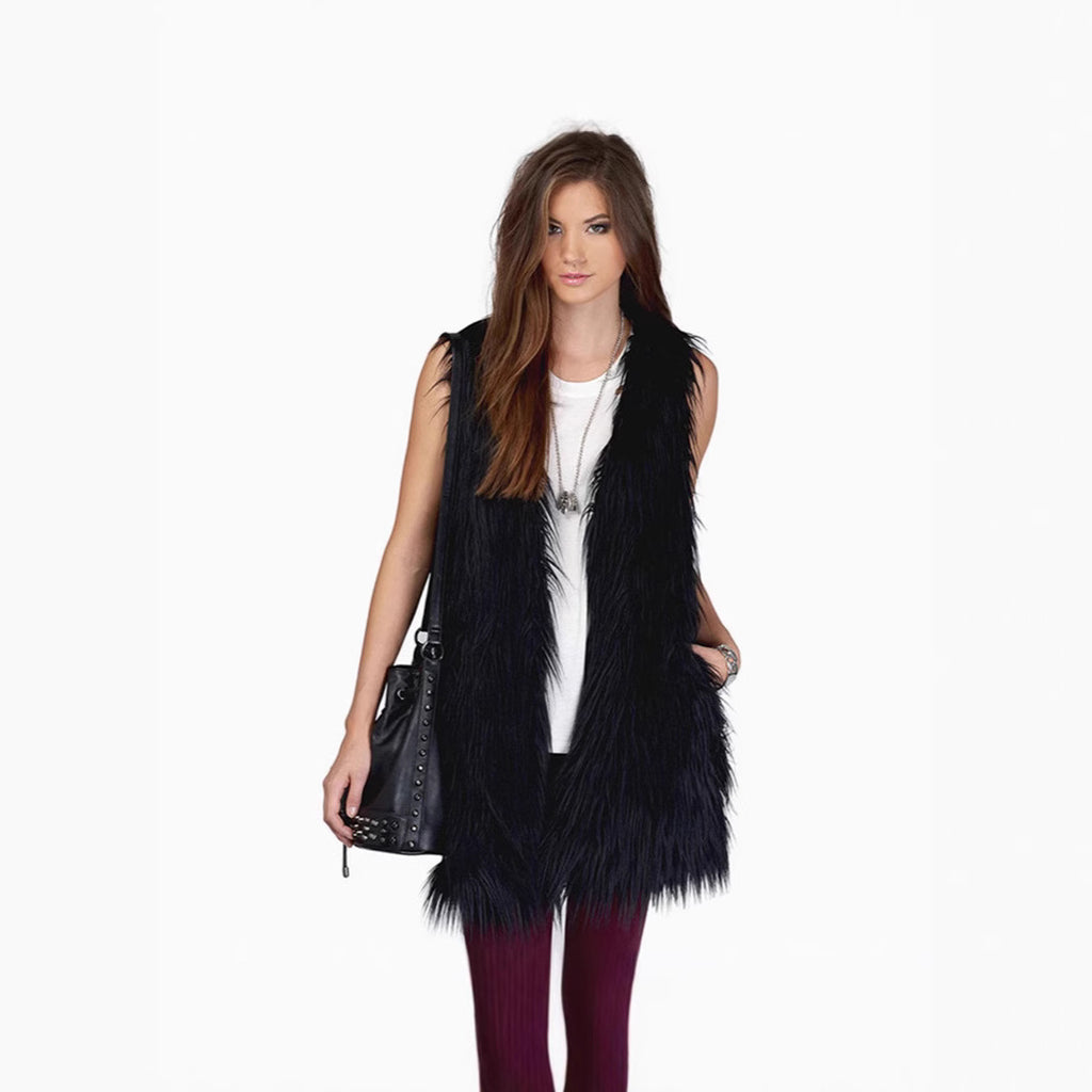 Ladies long sleeveless shaggy faux fur vest with concealing A-line and soft high-pile Fashion Glam