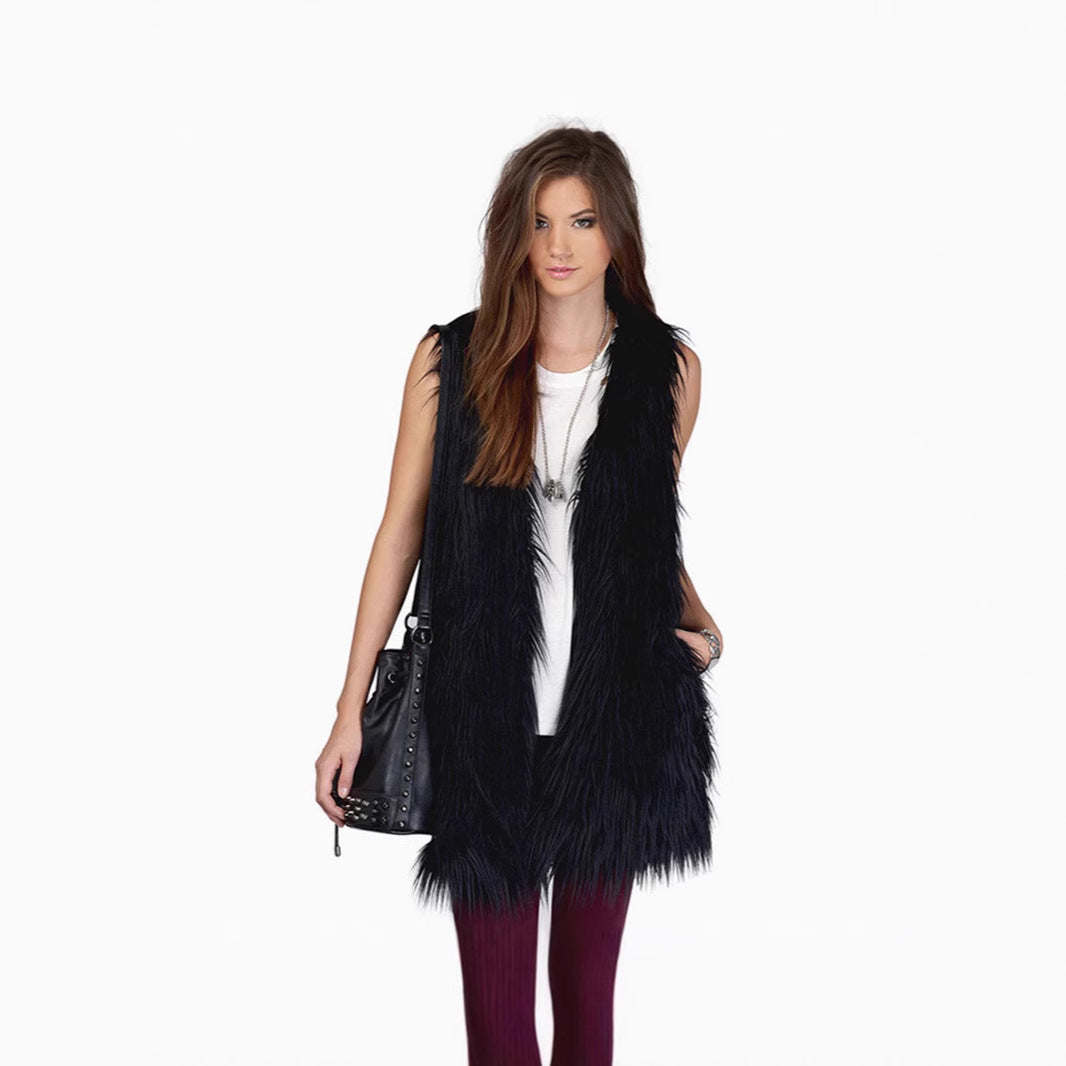 Ladies long sleeveless shaggy faux fur vest with concealing A-line and soft high-pile Fashion Glam