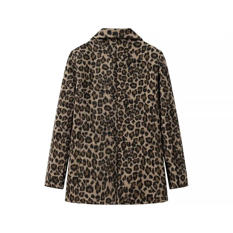 Women's Loose Blazer Coat with Leopard Print and Flap Pockets Fashion Glam