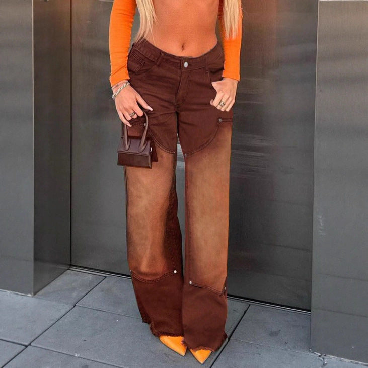 Women wide patchwork jeans with high waist and frayed hem Fashion Glam