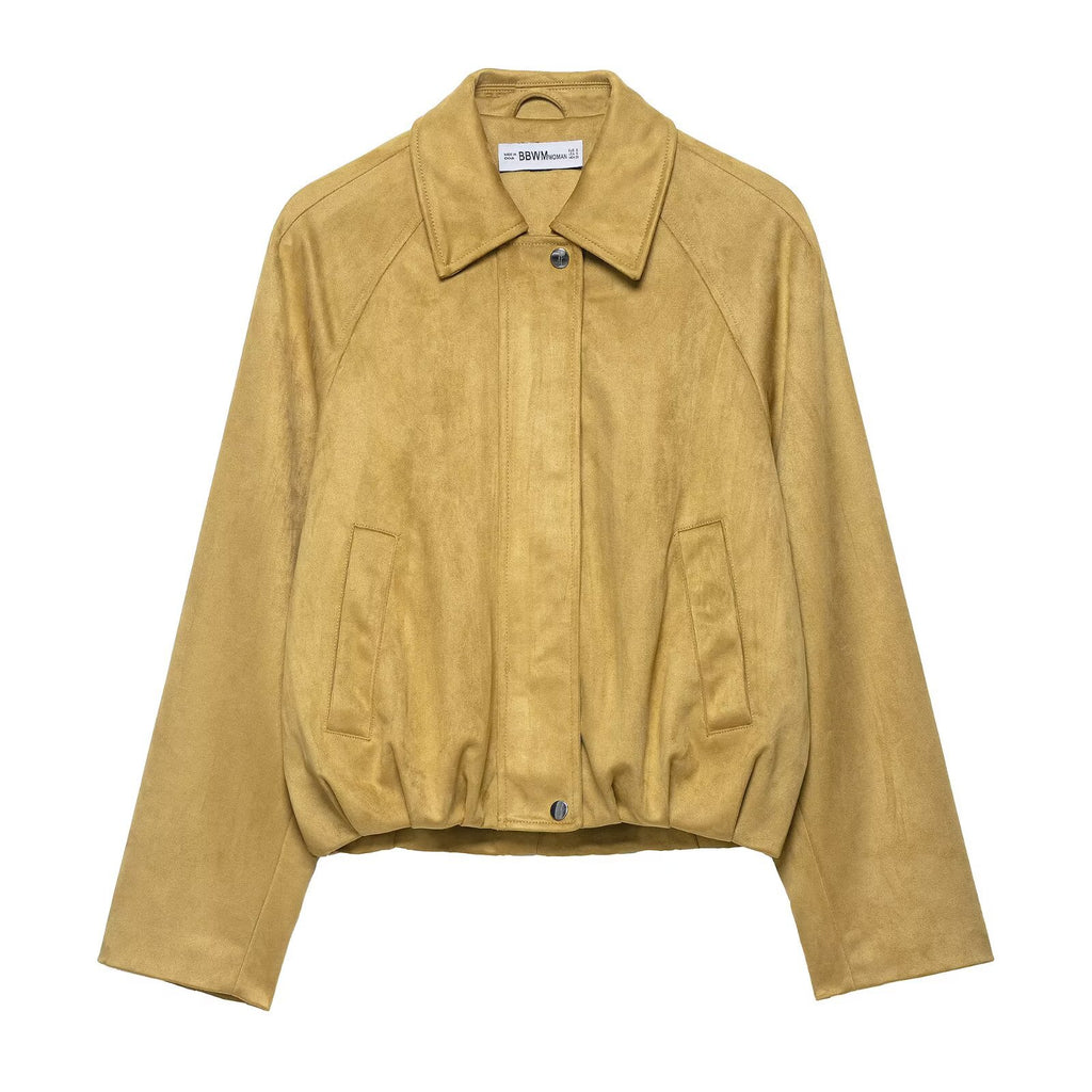 Women's short-cut suede look bomber jacket with raglan sleeves and elastic hem Fashion Glam