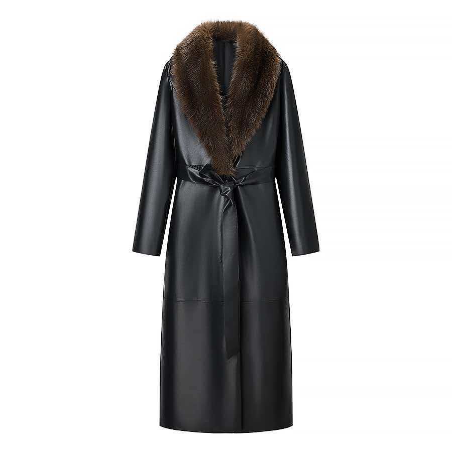 Ladies Longer Leather Coat with Voluminous Fur Collar and Minimalist Silhouette Fashion Glam