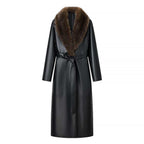 Ladies Longer Leather Coat with Voluminous Fur Collar and Minimalist Silhouette Fashion Glam