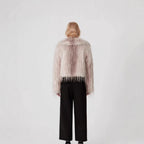 Women short-cut faux fur jacket with striped high-pile texture and notched collar Fashion Glam