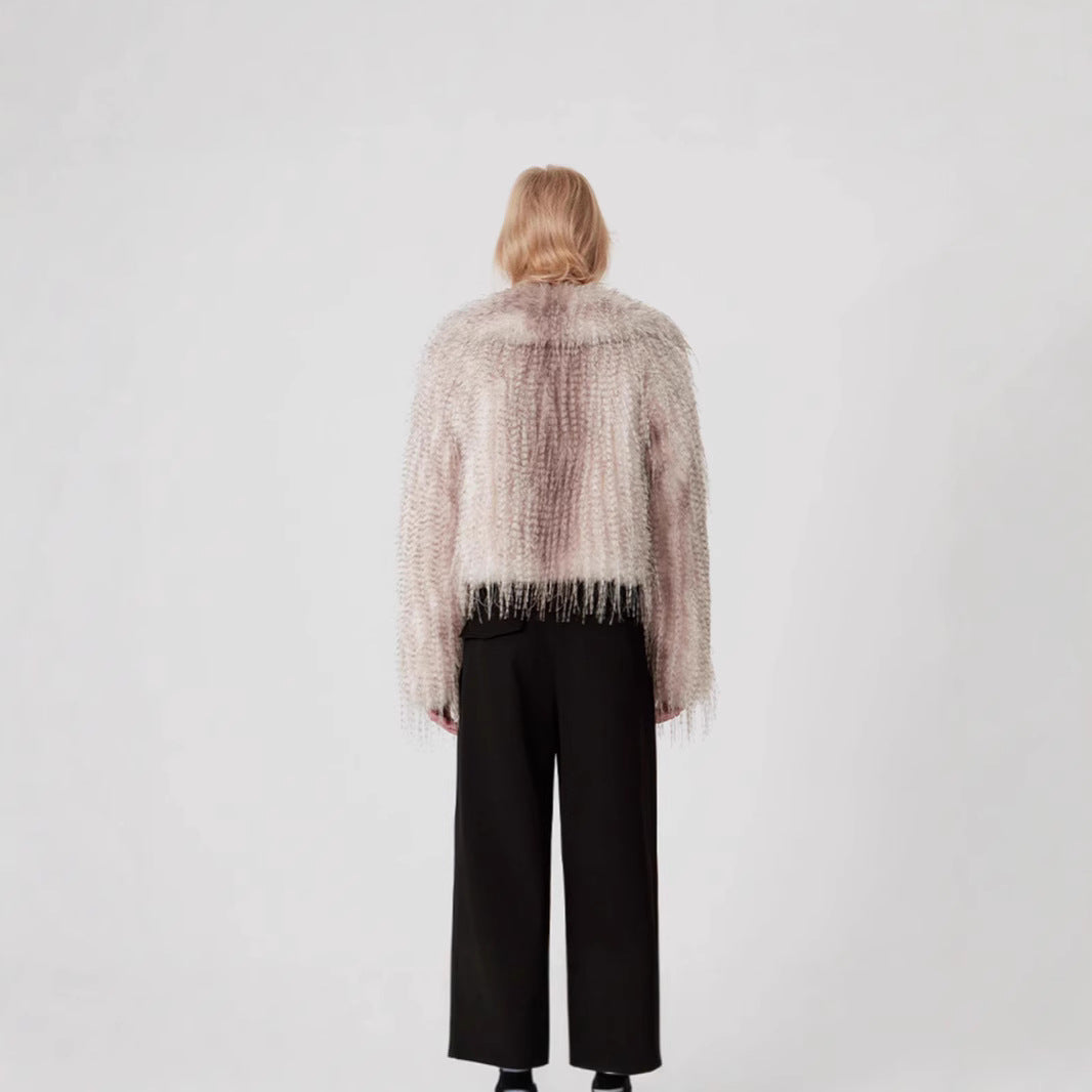 Women short-cut faux fur jacket with striped high-pile texture and notched collar Fashion Glam