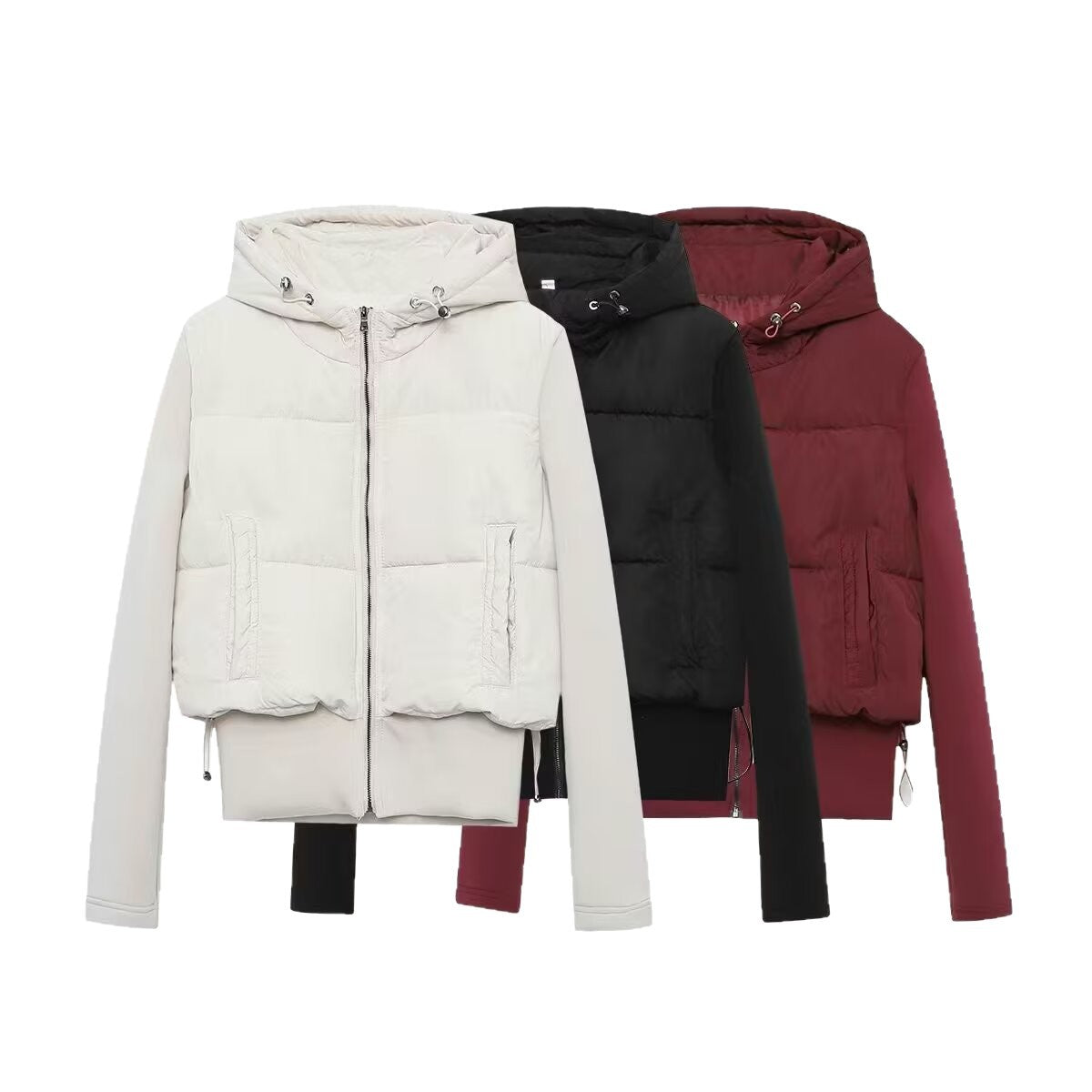 Women's short cut hybrid padded jacket with hood, ribbed cuffs and drawstring Fashion Glam