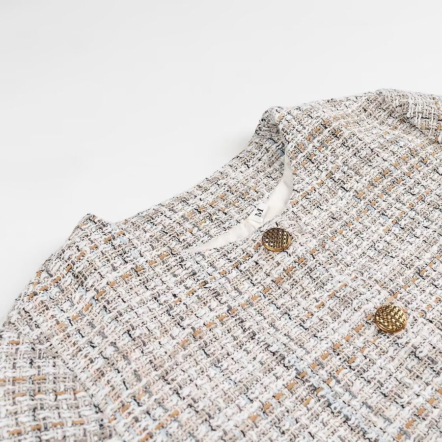 Women's Boxy Boucle Tweed Jacket with Gold Button Detail and Lightweight Lining Fashion Glam