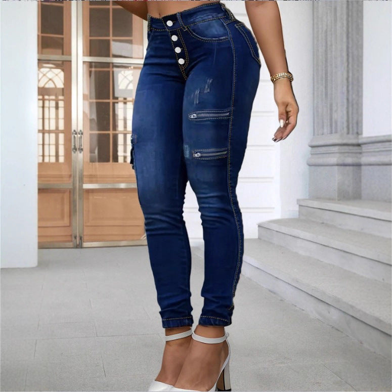 Women's High-Waisted Skinny Jeans with Cargo Zipper Pockets & Button Closure Fashion Glam