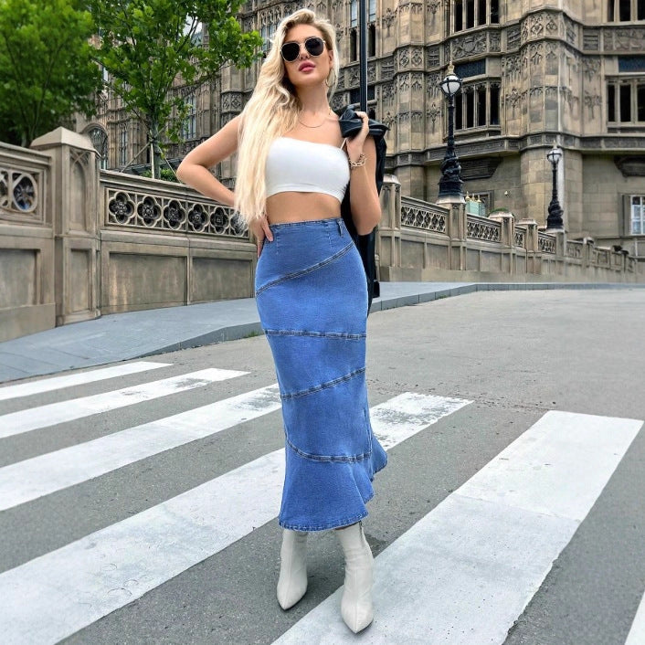 Women's waist-accentuating denim midi skirt with wave-shaped decorative seams and flared hem Fashion Glam