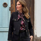 Women Short-Cut Boucle Blazer with Round Neckline, Four Flap Pockets and Gold Decorative Buttons Fashion Glam