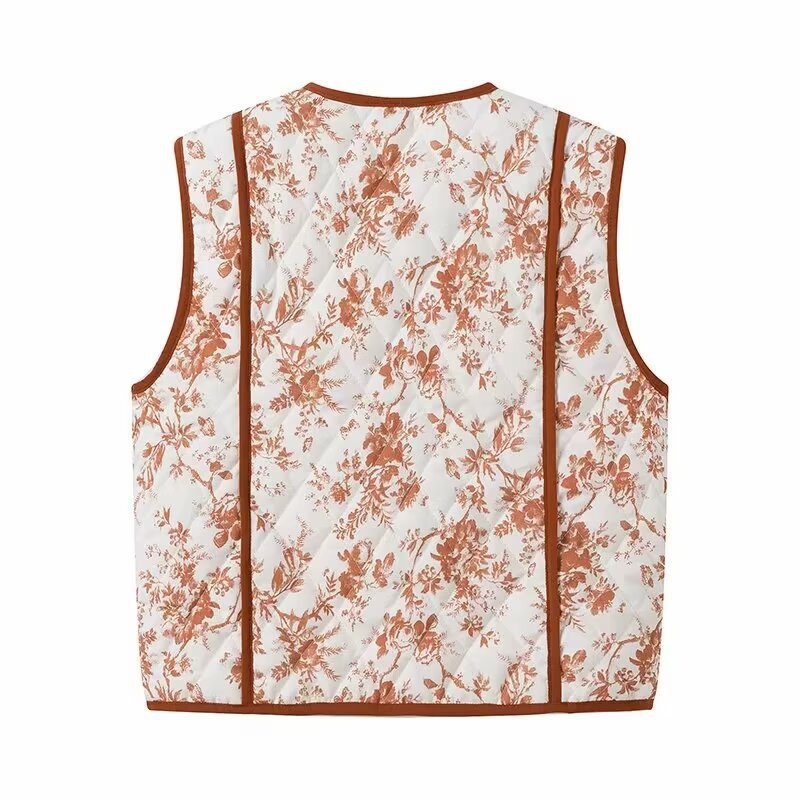 Women's Padded Quilted Vest with Floral Print and Side Pockets Fashion Glam
