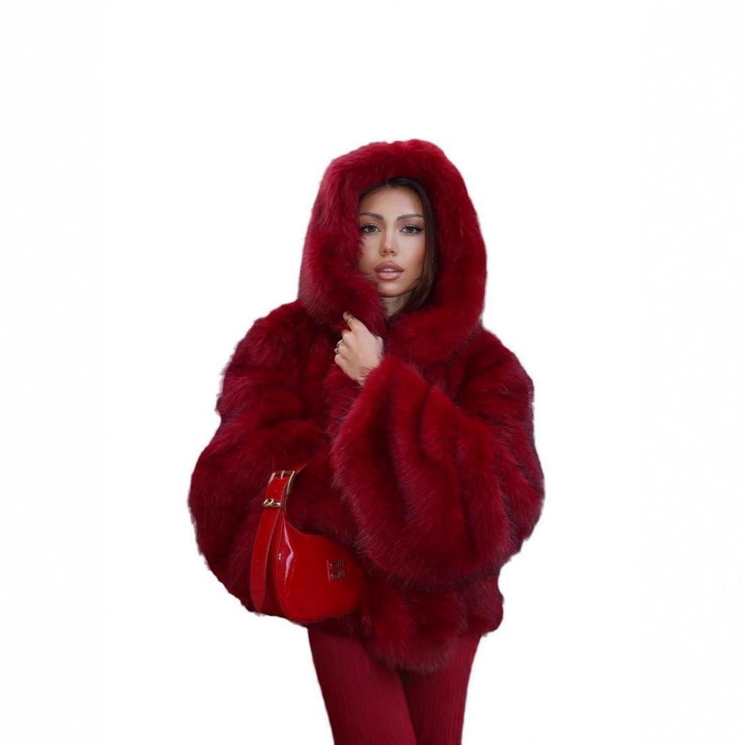 Women's Hooded Faux Fur Jacket with Voluminous Shaggy Silhouette Fashion Glam